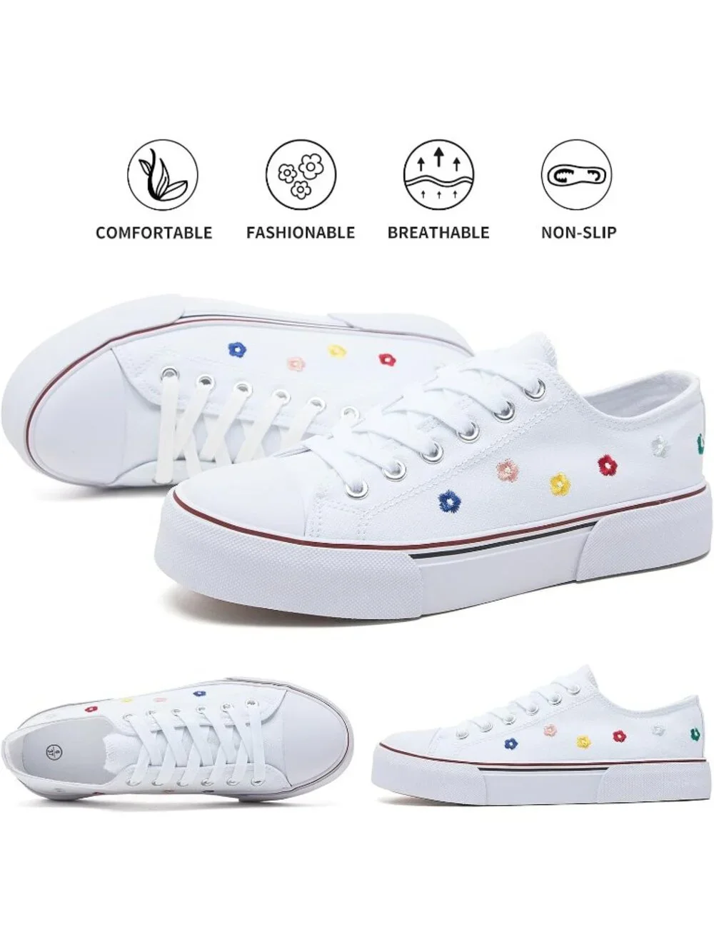 Women White Embroidery Lightweight Low Top Canvas Slip On Casual Fashion Sneaker